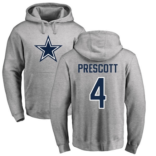 Men Dallas Cowboys Ash Dak Prescott Name and Number Logo 4 Pullover NFL Hoodie Sweatshirts